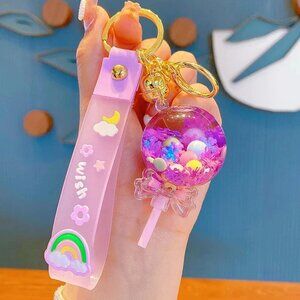 Purple Lollipop Candy Liquid Keychain Kawaii Bag Charm Quicksand Fidget Toy NEW
